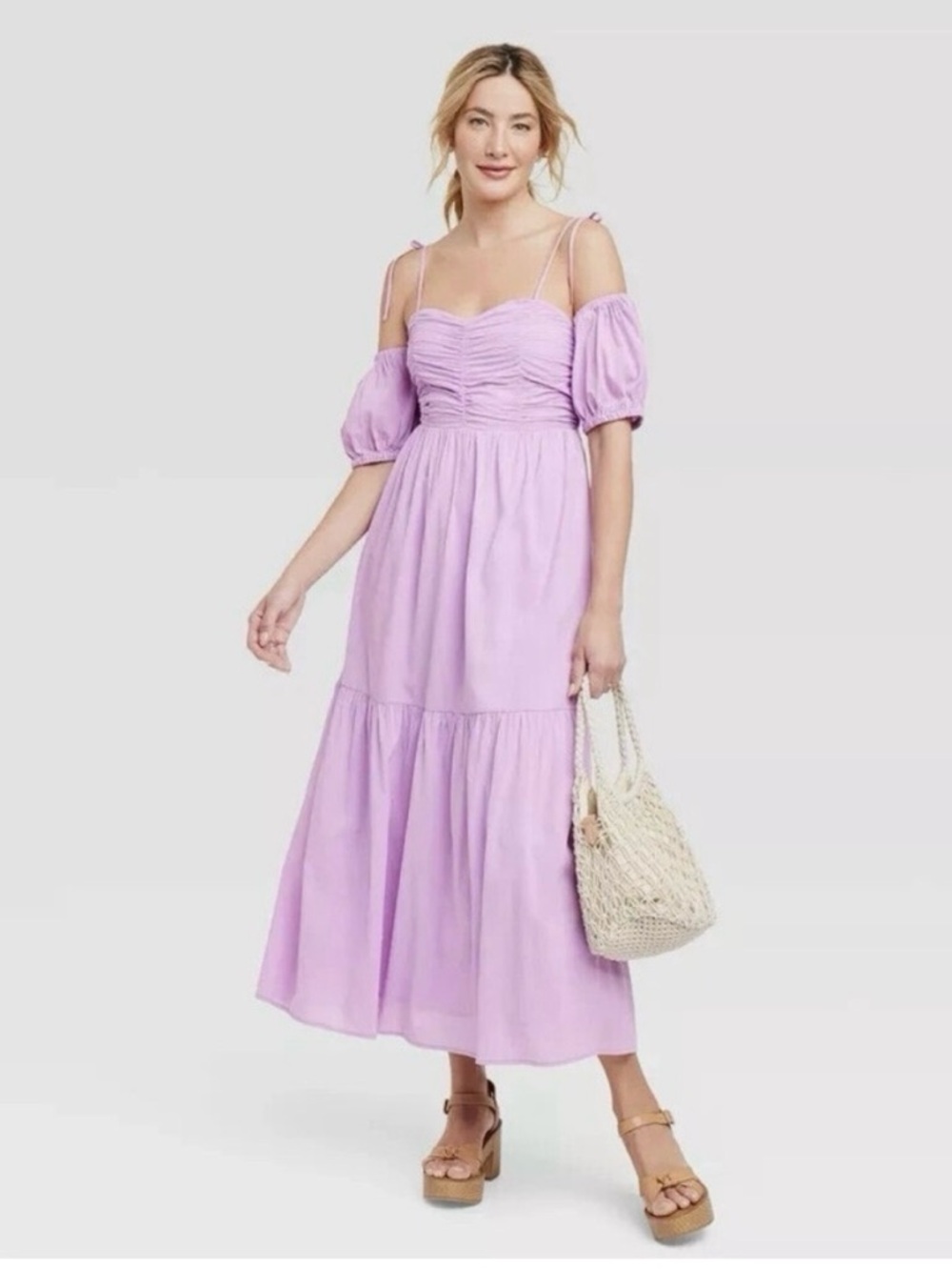 Lavender Puff-Sleeve Tiered Maxi Dress